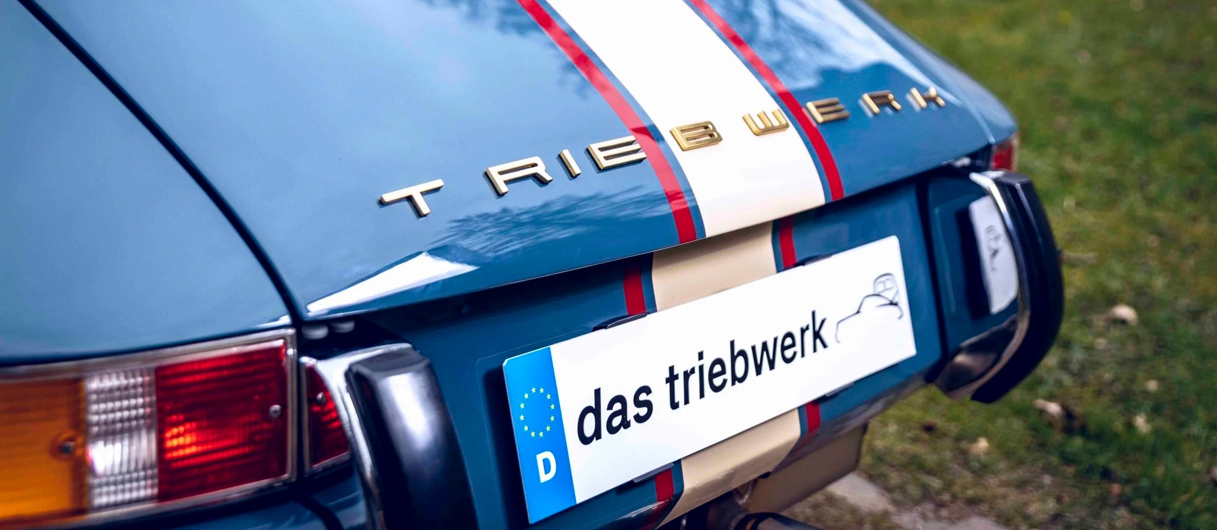 Close-up of a Blue Triebwerk F350 with 'das triebwerk' branding on rear license plate in a grassy background