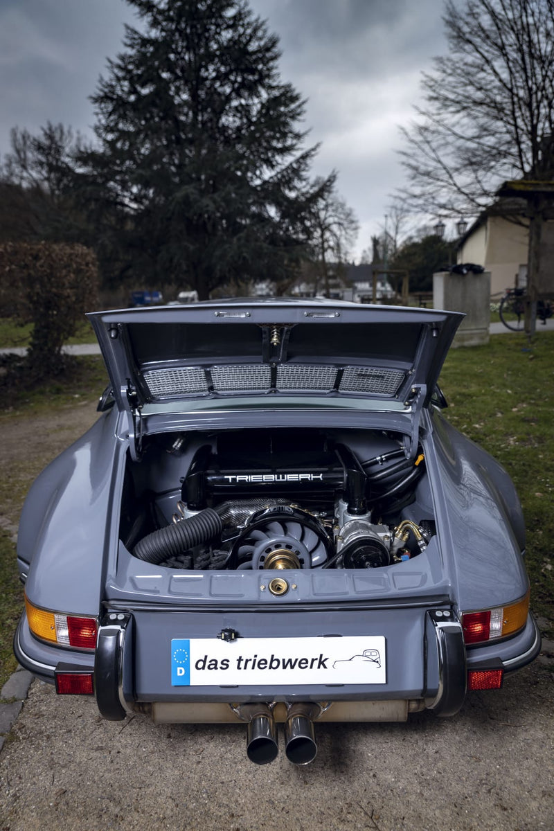 Gray Triebwerk F3.8 with open engine lid, parked outdoors with trees and a house in the background.