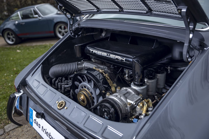 Engine compartment of a Gray Triebwerk F3.8 with 'triebwerk' branding, showing mechanical components.